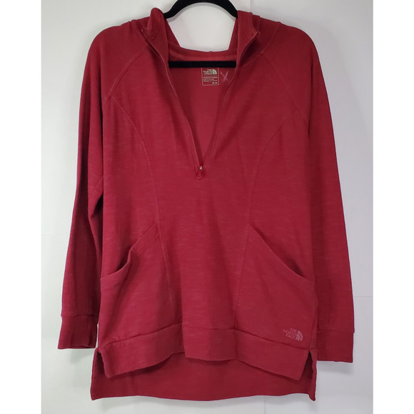 The North Face Med Women Burgundy Front Pocket Logo 1/2 Zip Long Sleeve Hoodie - Picture 1 of 9